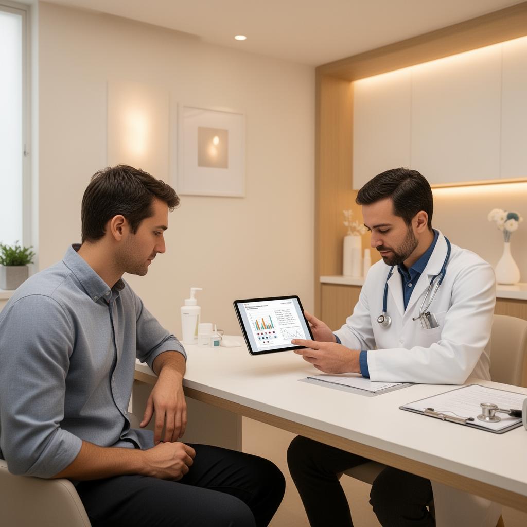 Doctor reviewing lab results with patient in a modern clinic
