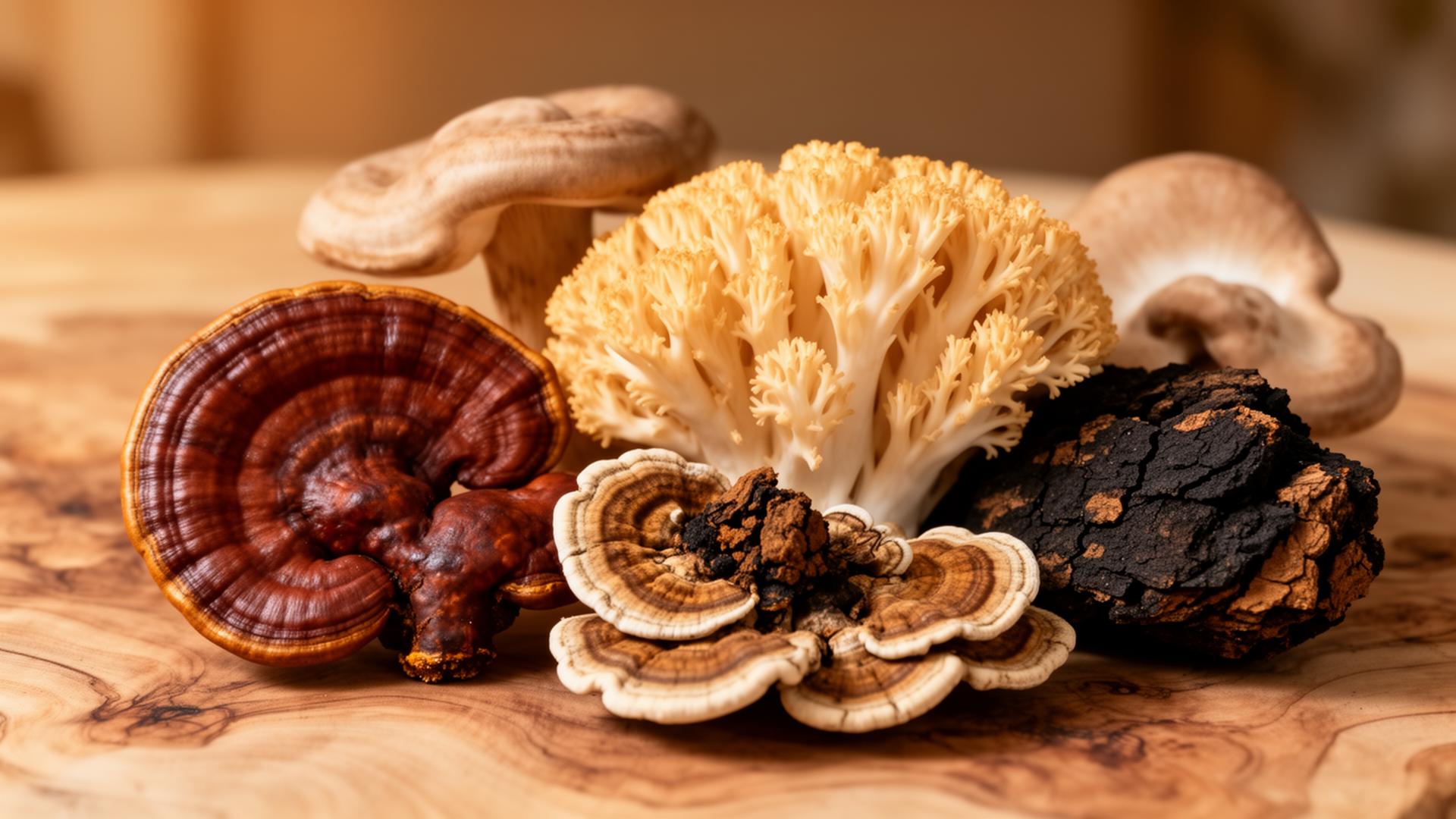 Medicinal mushrooms including reishi, lion's mane, chaga, and turkey tail