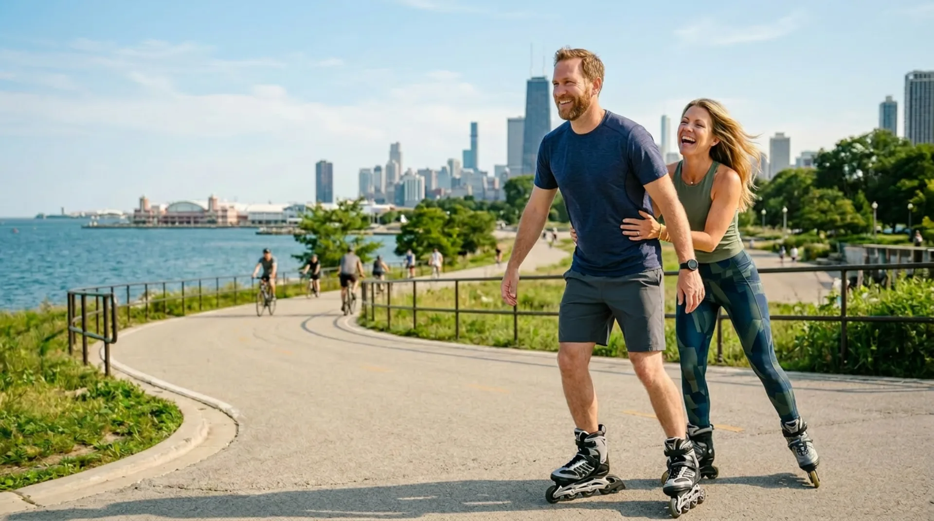 Happy couple rollerblading outdoors along the Chicago lakefront