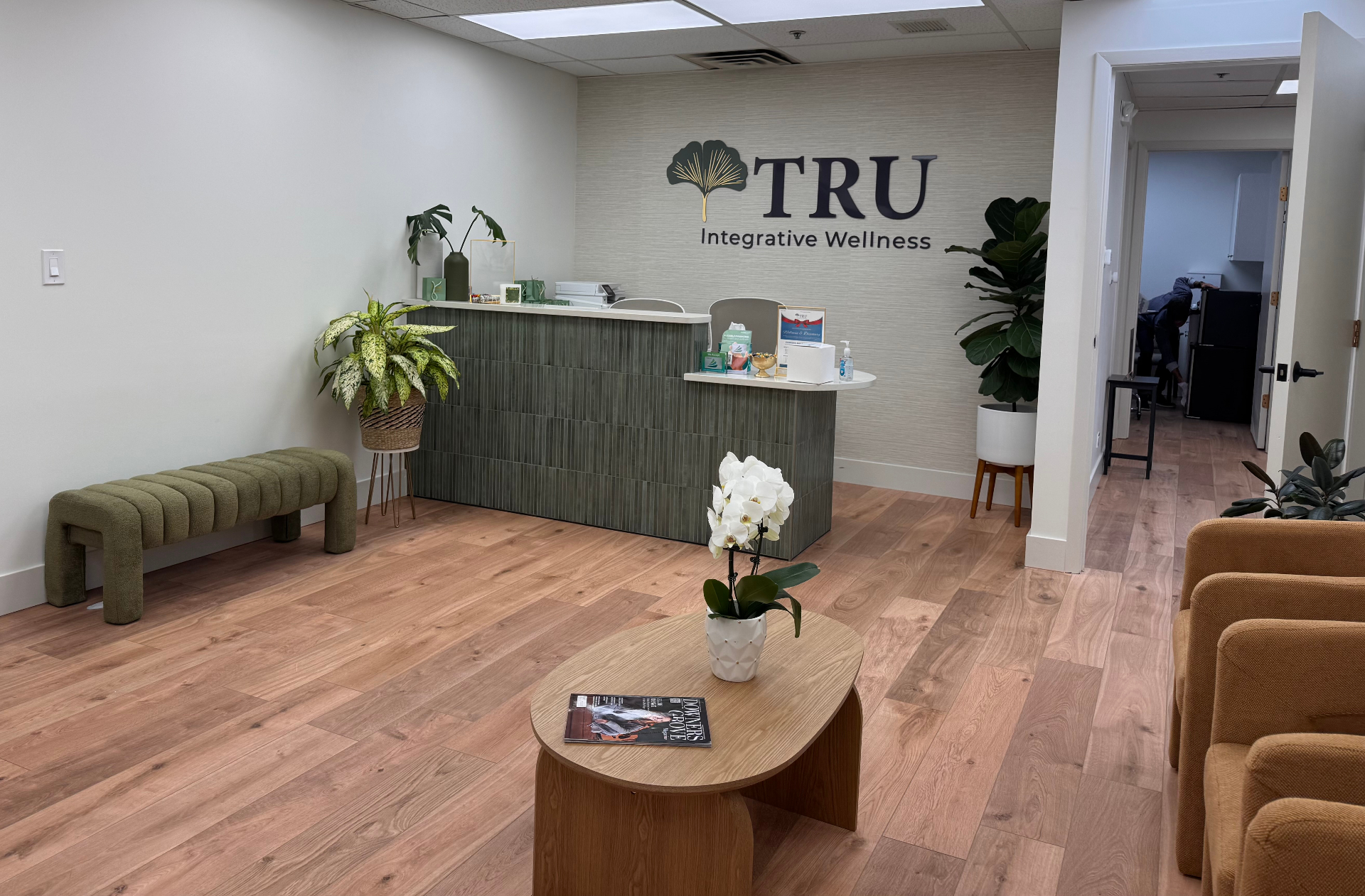 Luxury wellness clinic reception and waiting area