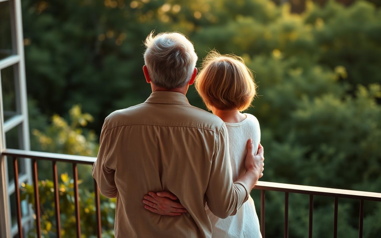 Couple embracing on a balcony overlooking greenery