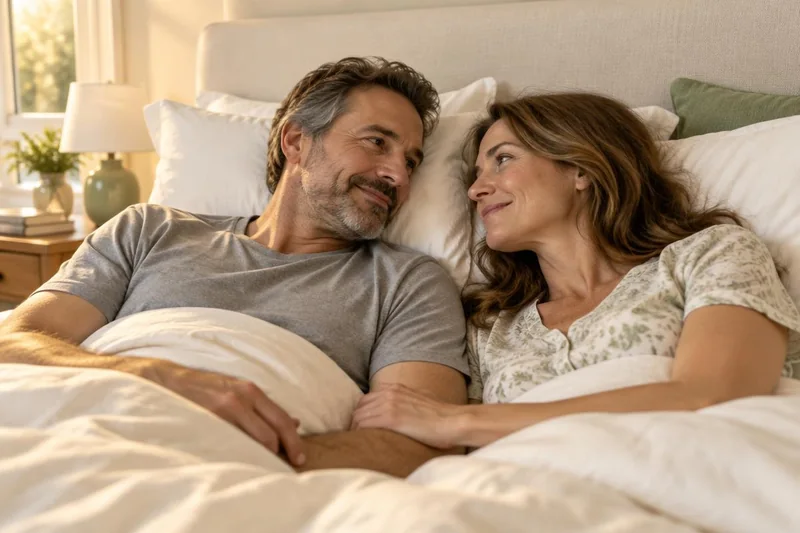 Couple resting together in bed in soft morning light (illustrative image, not TRU patients)