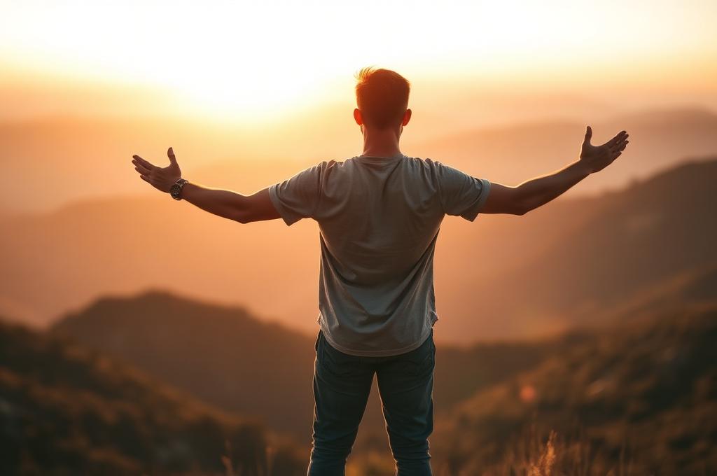 Man standing peacefully at a lake at dawn