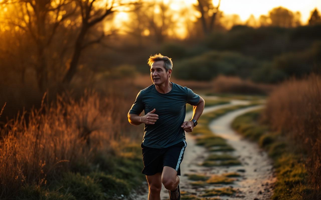 Man running on a trail at golden hour