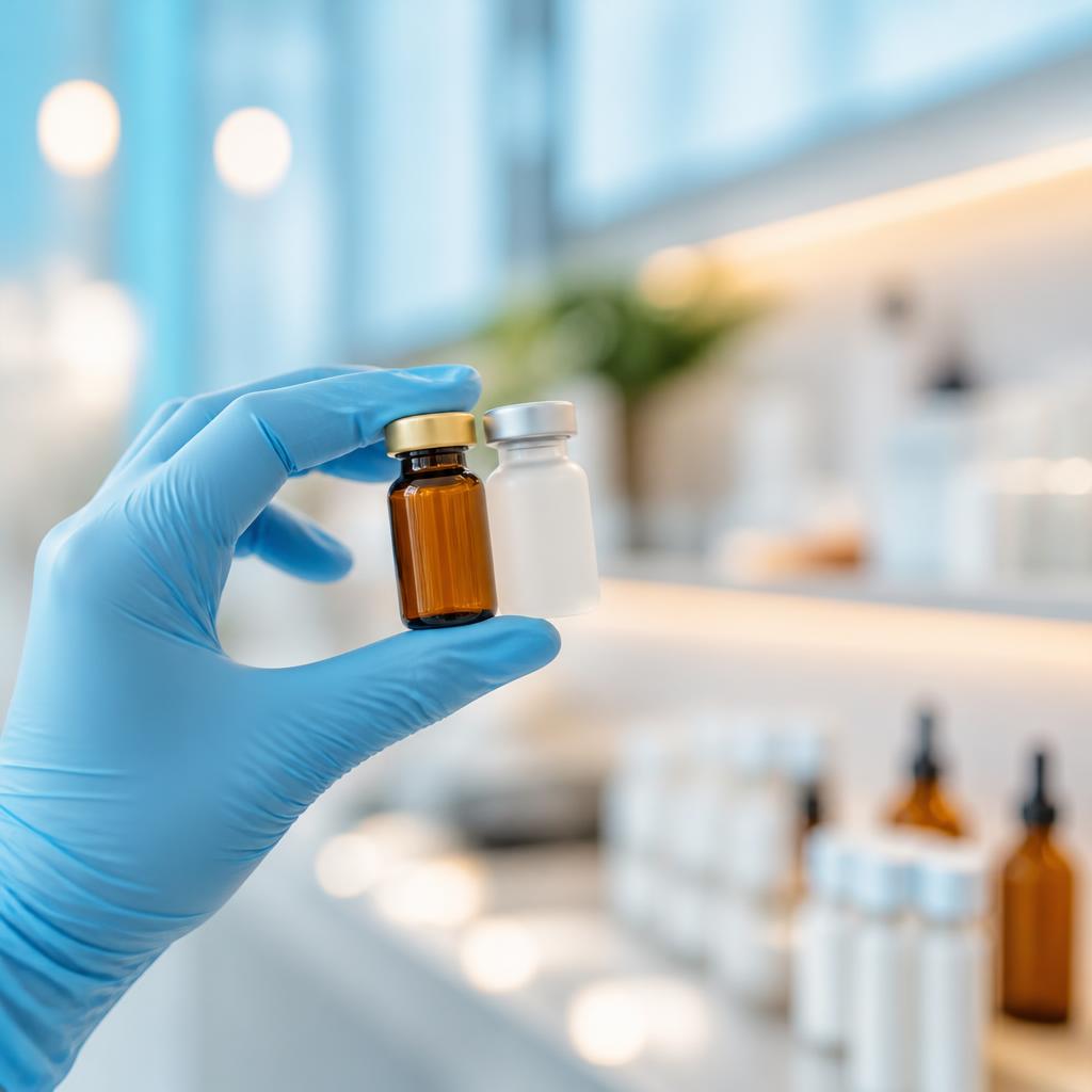 Gloved hand holding a peptide therapy vial at Tru Integrative Wellness in Downers Grove, IL